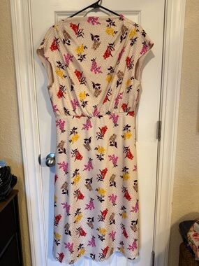 Ann Taylor Cream Midi Dress with Pink, Yellow & Red Floral Print